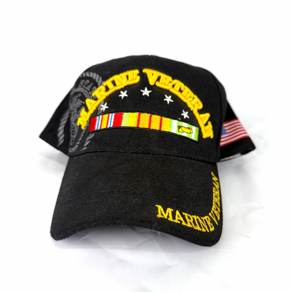 Marine Veteran Black Cap with Yellow Embroidery Adjustable Strap‎